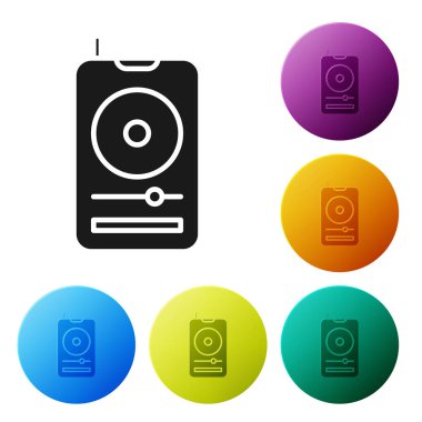 Siyah Müzik Çalar simgesi beyaz arkaplanda izole edildi. Taşınabilir müzik cihazı. Renkli daire düğmelerini ayarlayın. Vektör İllüstrasyonu