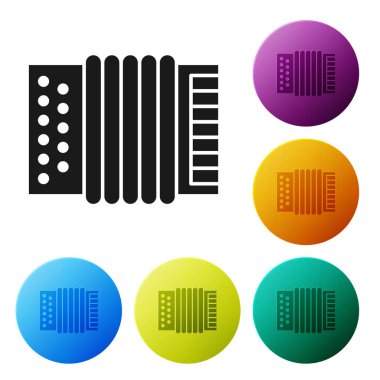 Siyah Müzik aleti akordeon simgesi beyaz arka plan üzerinde izole. Klasik bayan, harmonik. Simgeleri renkli daire düğmeleri ayarlayın. Vektör İllüstrasyonu