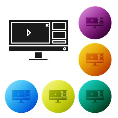 Siyah Video kaydedici ya da düzenleyici yazılım beyaz arkaplanda izole edildi. Renkli daire düğmelerini ayarlayın. Vektör İllüstrasyonu