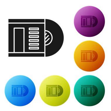 Siyah Vinil disk simgesi beyaz arkaplanda izole edildi. Renkli daire düğmelerini ayarlayın. Vektör İllüstrasyonu