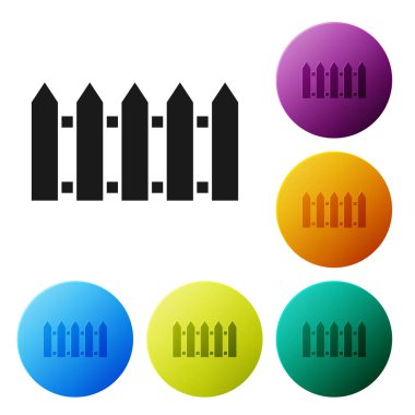 Siyah Bahçe çiti ahşap ikonu beyaz arka planda izole edilmiş. Renkli daire düğmelerini ayarlayın. Vektör İllüstrasyonu