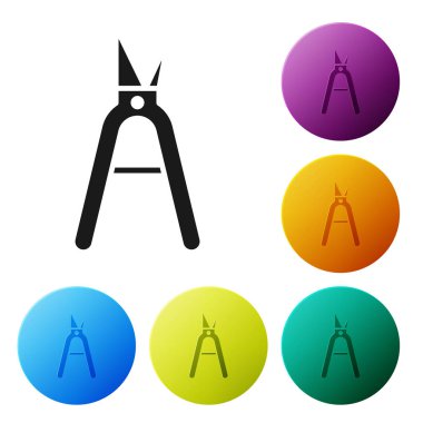 Siyah bahçe beyaz arka planda izole simgesi kırpma için el yapımı makas. Ahşap kolları ile budama makasları. Simgeler renkli daire düğmelerini ayarlayın. Vektör Illustration