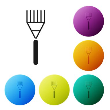 Siyah Bahçe komisyon simgesi beyaz arka planda izole. Bahçecilik, tarım, Tarım için araç. Zemin tohumcu. Temizlik ekipmanları. Simgeler renkli daire düğmelerini ayarlayın. Vektör Illustration