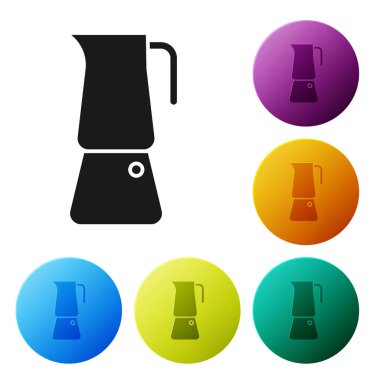 Siyah Moka çömlek simgesi beyaz arkaplanda izole edildi. Kahve makinesi. Renkli daire düğmelerini ayarlayın. Vektör İllüstrasyonu