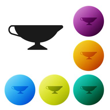 Beyaz arka planda izole edilmiş Kara Sos tekne ikonu. Sos kasesi. Renkli daire düğmelerini ayarlayın. Vektör İllüstrasyonu