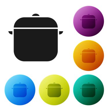 Black Cooking pot icon isolated on white background. Boil or stew food symbol. Set icons colorful circle buttons. Vector Illustration