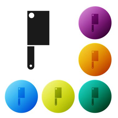 Siyah Et Helikopteri simgesi beyaz arkaplanda izole edildi. Et için mutfak bıçağı. Kasap bıçağı. Renkli daire düğmelerini ayarlayın. Vektör İllüstrasyonu