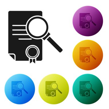 Beyaz arkaplanda arama simgesine sahip Siyah Belge. Dosya ve büyüteç simgesi. Analitik araştırma işareti. Renkli daire düğmelerini ayarlayın. Vektör İllüstrasyonu