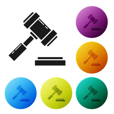Siyah Yargıç Tokmak simgesi beyaz arka planda izole edildi. Gavel cezaların, faturaların, mahkemenin, adaletin hükmünü verecek. Açık arttırma çekici. Renkli daire düğmelerini ayarlayın. Vektör İllüstrasyonu