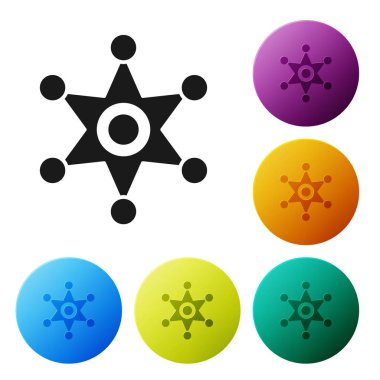 Siyah Hexagram Şerif ikonu beyaz arka planda izole edildi. Polis rozeti ikonu. Renkli daire düğmelerini ayarlayın. Vektör İllüstrasyonu