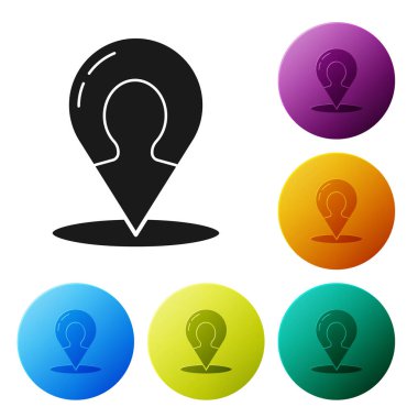 Beyaz arkaplanda izole edilmiş bir insan simgesinin silüeti olan siyah harita işareti. GPS konum sembolü. Renkli daire düğmelerini ayarlayın. Vektör İllüstrasyonu