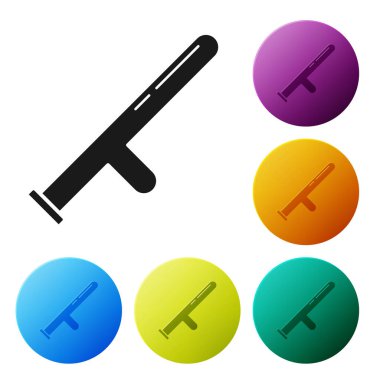 Siyah Polis kauçuk çubuk simgesi beyaz arkaplanda izole edildi. Kauçuk copu. Polis yarasası. Polis ekipmanları. Renkli daire düğmelerini ayarlayın. Vektör İllüstrasyonu