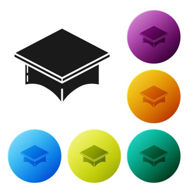 Siyah mezuniyet şapkası simgesi beyaz arkaplanda izole edildi. Tassel ikonlu mezuniyet şapkası. Renkli daire düğmelerini ayarlayın. Vektör İllüstrasyonu