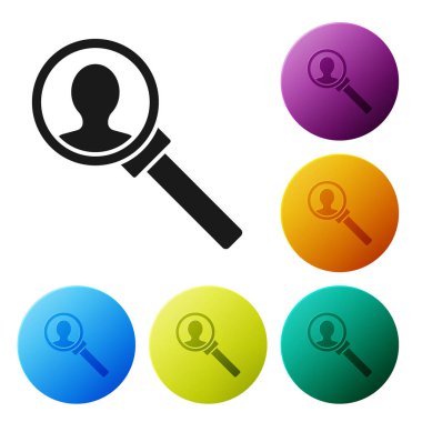 Arama simgesi için siyah büyüteç beyaz arkaplanda izole edilmiş. İşe alım ya da seçim konsepti. Çalışanları ve işi ara. Renkli daire düğmelerini ayarlayın. Vektör İllüstrasyonu