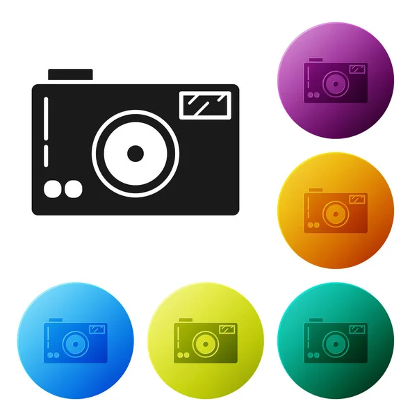 Schwarzes Icon der Fotokamera isoliert auf weißem Hintergrund. Foto-Kamera-Ikone. setzen Symbole bunte Kreis-Tasten. Vektorillustration — Stockvektor