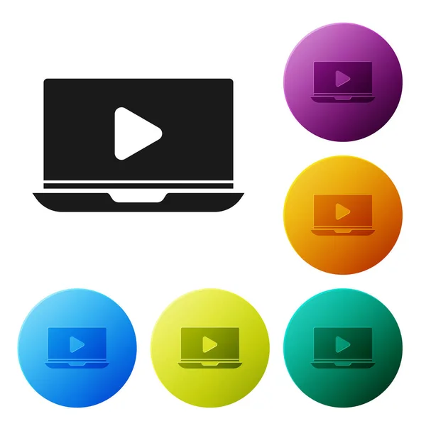 Schwarzes Online-Videosymbol isoliert auf weißem Hintergrund. Laptop und Filmstreifen mit Spielschild. setzen Symbole bunte Kreis-Tasten. Vektorillustration — Stockvektor