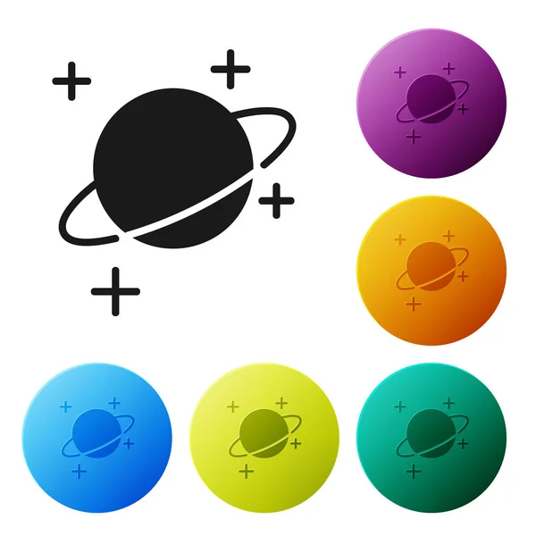 Ікона чорної планети ізольована на білому тлі. Встановіть ікони барвистими круглими кнопками. Векторний приклад — стоковий вектор