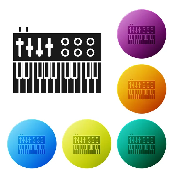 블랙 뮤직 신시사이저 아이콘은 백인 배경에서 분리되었습니다. 전자 피아노. 아이콘의 화려 한 원 버튼을 만듭니다. 벡터 일러스트 — 스톡 벡터