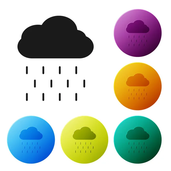 Schwarze Wolke mit Regensymbol auf weißem Hintergrund. Regenwolken Niederschlag mit Regentropfen. setzen Symbole bunte Kreis-Tasten. Vektorillustration — Stockvektor