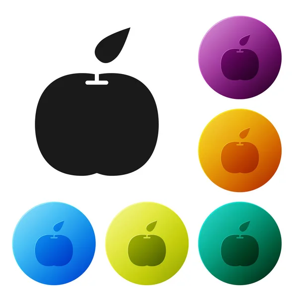 Icono de manzana negra aislado sobre fondo blanco. Fruta con símbolo de hoja. Establecer iconos botones círculo de colores. Ilustración vectorial — Vector de stock