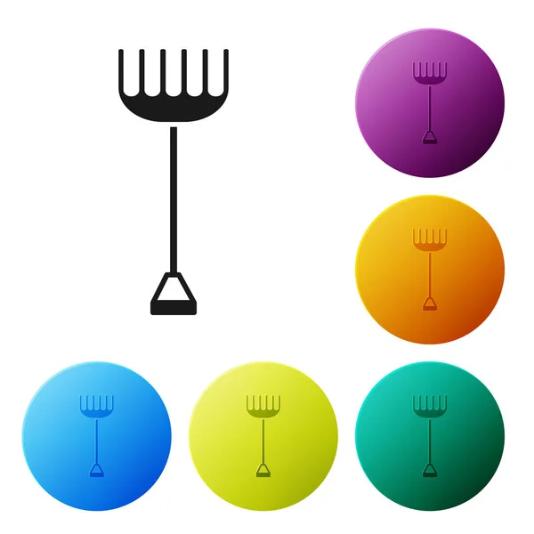 Black Garden rake icon isolated on white background. Tool for horticulture, agriculture, farming. Ground cultivator. Housekeeping equipment. Set icons colorful circle buttons. Vector Illustration — Stock Vector
