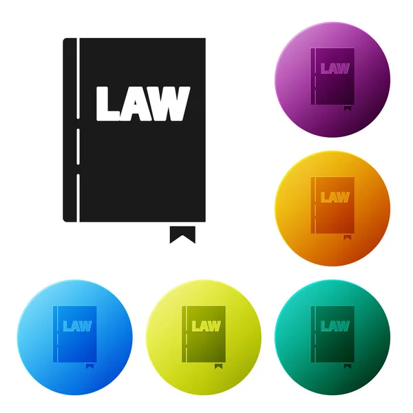 Ікона книг Black Law ізольована на білому тлі. Книга юридичного судді. Судова концепція. Встановіть ікони барвистими круглими кнопками. Векторний приклад — стоковий вектор