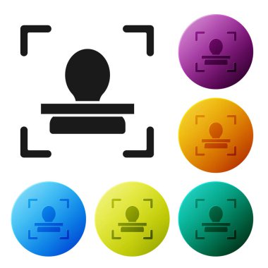 Siyah Yüz tanımlama simgesi beyaz arkaplanda izole edildi. Yüz tanımlama simgesi. Yüz tanıma. Siber güvenlik kavramı. Renkli daire düğmelerini ayarlayın. Vektör İllüstrasyonu