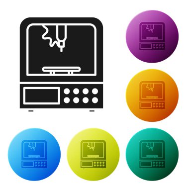 Siyah 3d yazıcı simgesi beyaz arkaplanda izole edildi. Renkli daire düğmelerini ayarlayın. Vektör İllüstrasyonu