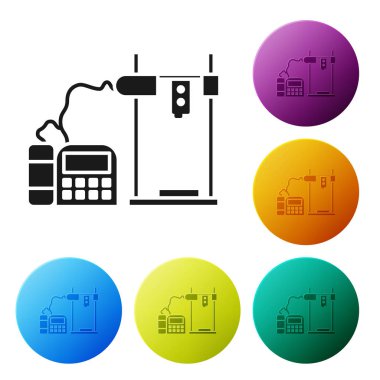Siyah 3d yazıcı simgesi beyaz arkaplanda izole edildi. Renkli daire düğmelerini ayarlayın. Vektör İllüstrasyonu