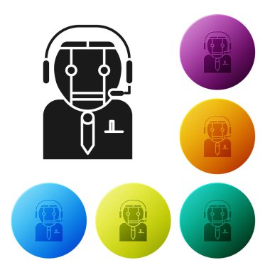 Siyah İşçi robot simgesi beyaz arkaplanda izole edildi. Renkli daire düğmelerini ayarlayın. Vektör İllüstrasyonu