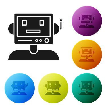 Siyah Robot simgesi beyaz arkaplanda izole edildi. Renkli daire düğmelerini ayarlayın. Vektör İllüstrasyonu