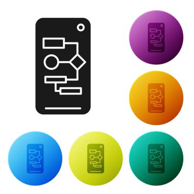 Beyaz arkaplanda siyah algoritma simgesi izole edildi. Yapay Zeka koleksiyonundan algoritma sembolü tasarımı. Renkli daire düğmelerini ayarlayın. Vektör İllüstrasyonu