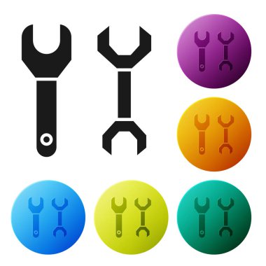 Siyah Spanner simgesi beyaz arkaplanda izole edildi. Renkli daire düğmelerini ayarlayın. Vektör İllüstrasyonu