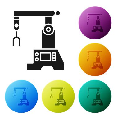 Siyah Assembly çizgi simgesi beyaz arkaplanda izole edildi. Otomatik üretim taşıyıcısı. Robot endüstrisi konsepti. Renkli daire düğmelerini ayarlayın. Vektör İllüstrasyonu