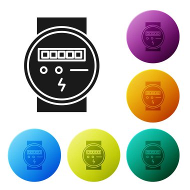 Siyah elektrik sayaç simgesi beyaz arkaplanda izole edildi. Renkli daire düğmelerini ayarlayın. Vektör İllüstrasyonu