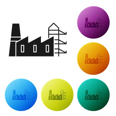 Black Power station plant and factory icon isolated on white background. Energy industrial concept. Set icons colorful circle buttons. Vector Illustration