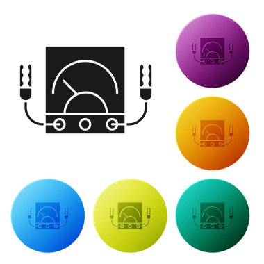 Siyah Ampere ölçer, multimetre, voltmetre ikonu beyaz arkaplanda izole edilmiş. Elektrik akımını ölçmek için araçlar. Renkli daire düğmelerini ayarlayın. Vektör İllüstrasyonu