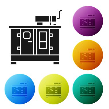 Siyah Diesel güç jeneratörü ikonu beyaz arkaplanda izole edildi. Sanayi ve ev taşınmaz güç jeneratörü. Renkli daire düğmelerini ayarlayın. Vektör İllüstrasyonu