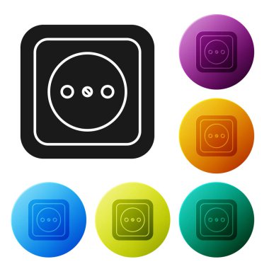 Beyaz arkaplanda siyah elektrik çıkış simgesi izole edildi. Elektrik prizi. Rosette sembolü. Renkli daire düğmelerini ayarlayın. Vektör İllüstrasyonu