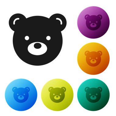 Siyah Teddy oyuncak ikonu beyaz arka planda izole edilmiş. Renkli daire düğmelerini ayarlayın. Vektör İllüstrasyonu