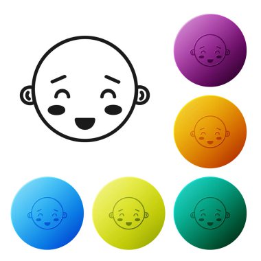 Siyah Mutlu küçük çocuk baş simgesi beyaz arka planda izole edilmiş. Erkek bebeğin yüzü. Renkli daire düğmelerini ayarlayın. Vektör İllüstrasyonu