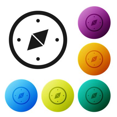 Siyah pusula simgesi beyaz arka planda izole. Windrose navigasyon sembolü. Rüzgar işareti. Simgeler renkli daire düğmelerini ayarlayın. Vektör Illustration