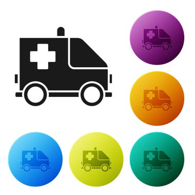 Siyah ambulans ve acil durum arabası ikonu beyaz arka planda izole edildi. Ambulans aracı tıbbi tahliye. Renkli daire düğmelerini ayarlayın. Vektör İllüstrasyonu