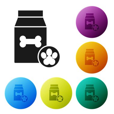 Beyaz arka planda izole edilmiş hayvan ikonu için siyah yiyecek torbası. Hayvanlar için yiyecek. Köpek kemiği işareti. Hayvan maması paketi. Renkli daire düğmelerini ayarlayın. Vektör İllüstrasyonu