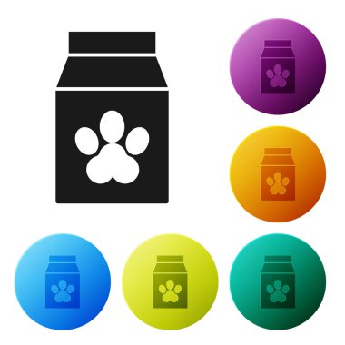 Beyaz arka planda izole edilmiş hayvan ikonu için siyah yiyecek torbası. Hayvanlar için yiyecek. Hayvan maması paketi. Köpek ya da kedi pençesi izi. Renkli daire düğmelerini ayarlayın. Vektör İllüstrasyonu