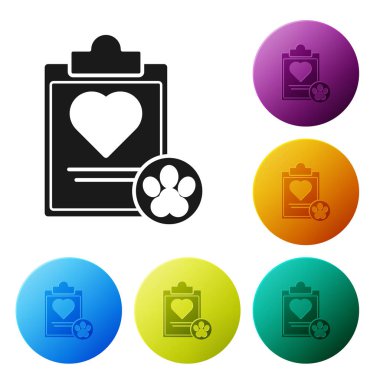 Beyaz arka planda izole tıbbi klinik kayıt Pet simgesi ile siyah Pano. Sağlık sigortası formu. Tıbbi onay işaretleri raporu. Simgeler renkli daire düğmelerini ayarlayın. Vektör Illustration