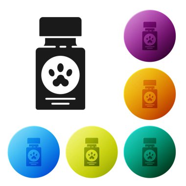 Siyah Köpek ilaç şişesi ve beyaz arka planda izole edilmiş ilaç ikonu. İçinde haplar olan konteynır. Hayvan için reçeteli ilaç. Renkli daire düğmelerini ayarlayın. Vektör İllüstrasyonu