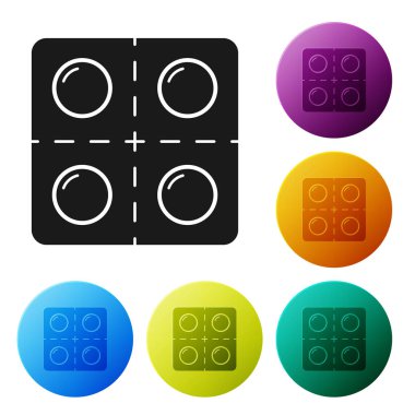 Siyah Köpek ve haplar beyaz arka planda izole edilmiş. Hayvan için reçeteli ilaç. Renkli daire düğmelerini ayarlayın. Vektör İllüstrasyonu