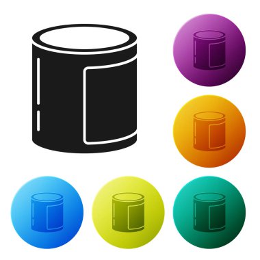 Beyaz arka planda izole edilmiş siyah konserve ikonu. Hayvanlar için yiyecek. Evcil hayvan yiyeceği kutusu. Renkli daire düğmelerini ayarlayın. Vektör İllüstrasyonu