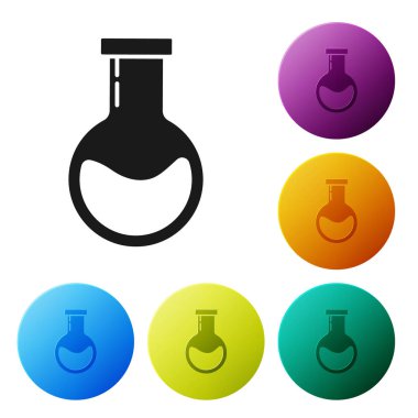Siyah test tüpü ve matara. Beyaz arka planda izole edilmiş kimyasal laboratuvar ikonu. Laboratuvar cam levhası. Renkli daire düğmelerini ayarlayın. Vektör İllüstrasyonu